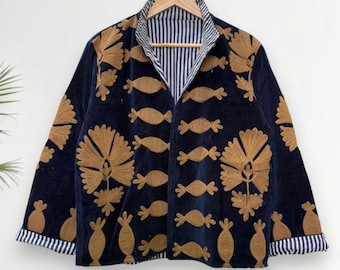 Soft Blue Velvet Suzani Short Jacket, Hand-Embroidered Bohemian Floral Coat, Festival & Casual Wear, Embroidered Velvet Jacket, One Size