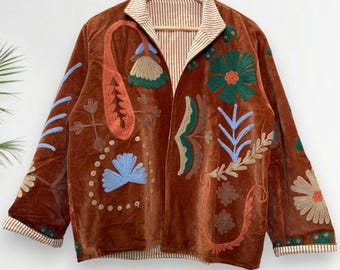 Hand-Embroidered Velvet Jacket | Floral Boho Art, Suzani Style