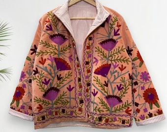 Rose Velvet Suzani Embroidered Jacket, Bohemian Floral Art, Handmade Ethnic Outerwear, Festival Boho Cardigan, Vintage Folk Art Coat