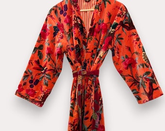 OFMD Pink Bird Cotton Velvet Kimono Robe With Tassels