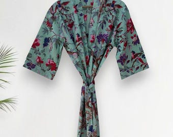 Handmade Cotton Kimono Robe | Bird Print Loungewear
