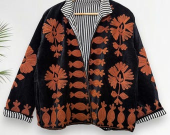 Black Velvet Suzani Jacket | Hand-Embroidered Floral Ethnic Coat | Bohemian Winter Outerwear for Festivals & Cultural Events,Bridesmaid Gift