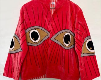 Eye Embroidery Velvet Jacket, Handmade Fuchsia Boho Coat, Festival Outerwear
