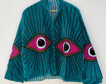 Eye Embroidery Velvet Jacket, Handmade Boho Festival Coat, Suzani Short Embroidered Blazer, Artistic Outerwear, Turquoise Fuchsia Design