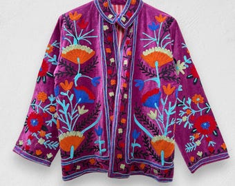 Handgemachte Samt Suzani Jacke, Boho Gestickter Mantel