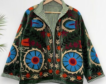 Green Suzani Embroidered Velvet Short Jacket, Handmade Vintage Jacket, Floral Suzani Jacket, Pure Velvet Jacket, Boho & Hippie, Gift For Her