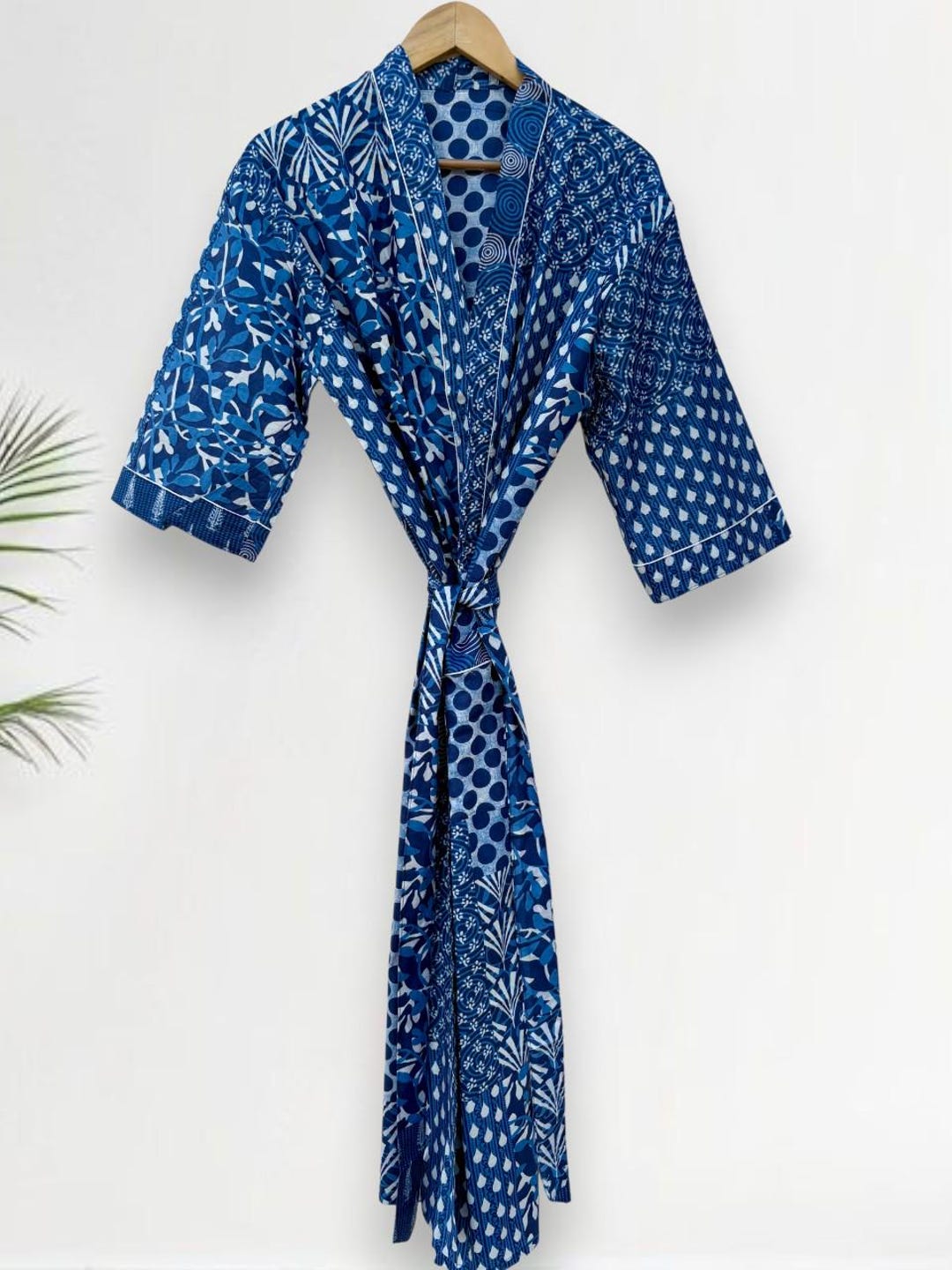 Blue Indigo Kantha Robe, Handmade Cotton Kimono, Traditional Indian ...