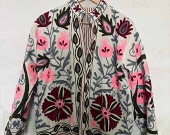 Velvet Cotton Embroidery Jacket | Indian Style Boho Coat Unisex Winter Jacket | Suzani Short Jacket, Handmade Vintage Suzani, Gift for Her