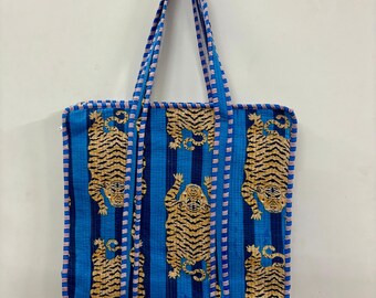 Hand-Block Printed Tiger Tote Bag, Quilted Cotton, Ecofriendly Shopping Bag