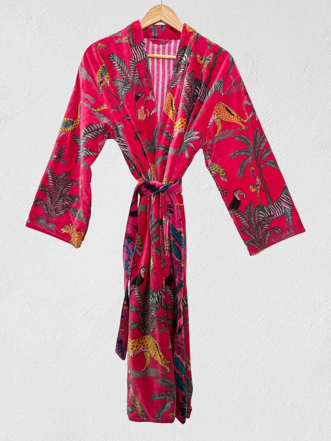 Ofmd Robe OFMD Pink Bird Velvet Banyan Fabric Kimono Cotton Velvet Robe Long ...