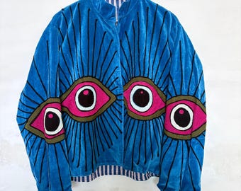 Eye Embroidery Velvet Jacket, Handmade Boho Festival Coat, Suzani Outerwear, Short Embroidered Blazer for Women, Artistic Festival Wear