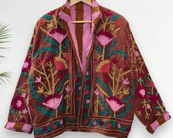 Hand Embroidered Velvet Suzani Jacket, Boho Cardigan