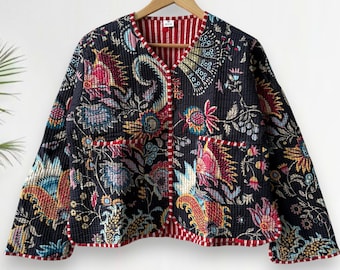 Indiase handgemaakte patchwork katoenen gewatteerde jas, vintage perzik nieuwe stijl katoenen gewatteerde jas, omkeerbare dames boho jas, cadeau voor haar