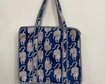 Tiger Print Cotton Tote Bag, Eco-Friendly Quilted Shopping Bag, Recycled Fabric Handbag, Sturdy Grocery, Gifts for Her, Sustainable Tote