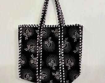 Quilted Velvet Tote Bag, Handmade Floral Print Ethnic Shopping Bag