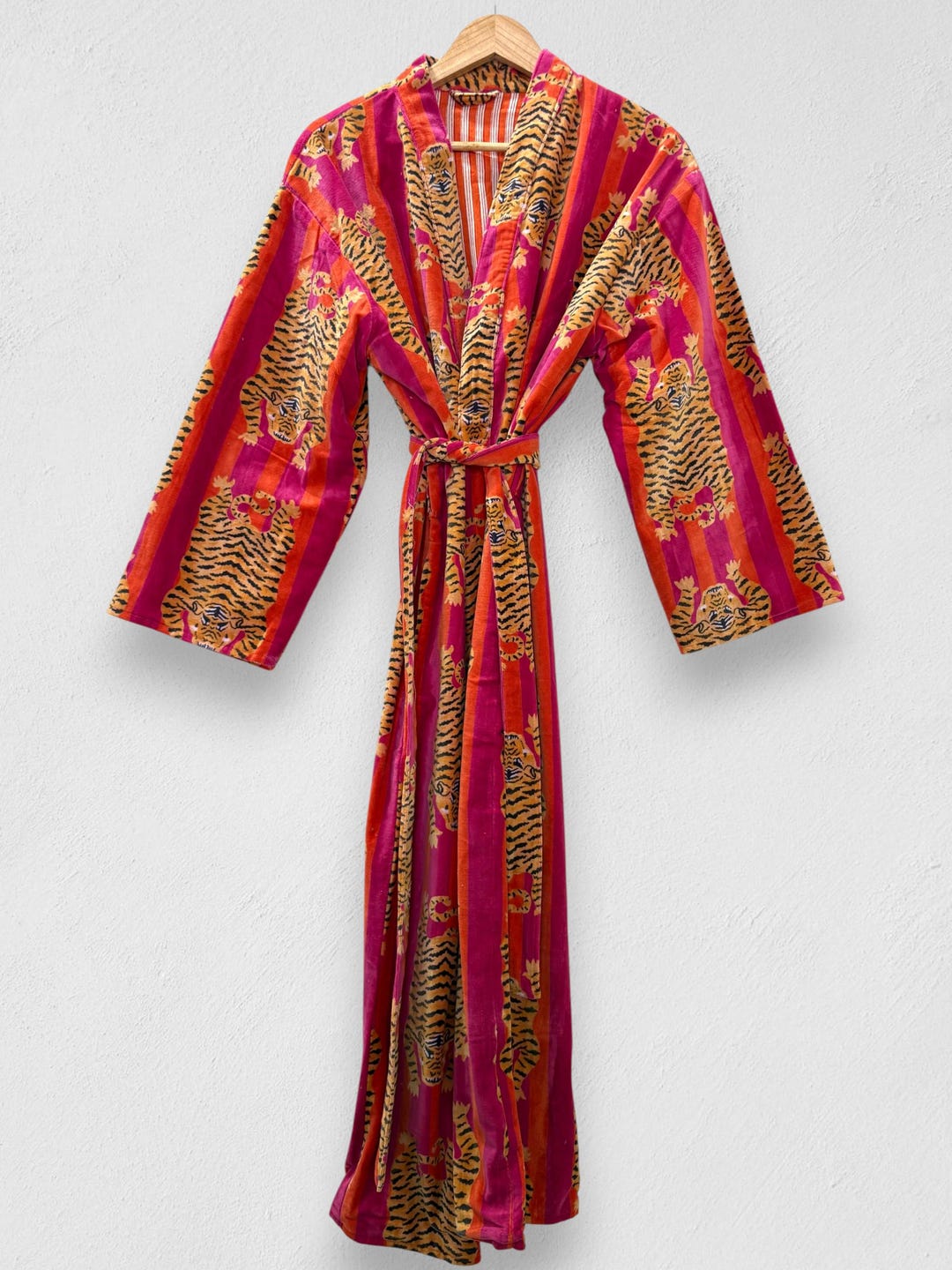 Handmade Velvet Tiger Print Kimono Robe, Cotton Blend Loungewear - Etsy
