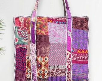 Handmade Patchwork Quilted Tote Bag | Block Print Floral, Eco-Friendly