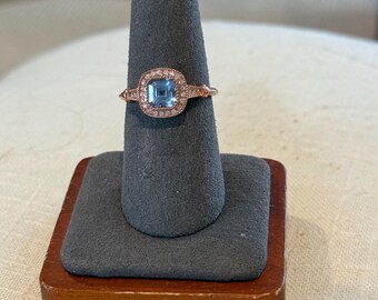 Lab-Created Aquamarine Ring with Moissanite Accents - 18k Rose Gold Plated Antique Style | Size 7.5
