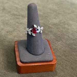 Ruby and Moissanite Leaf Ring in Sterling Silver • Marquise Moissanite Accents • July Birthstone • Vintage Style Engagement / Statement Ring