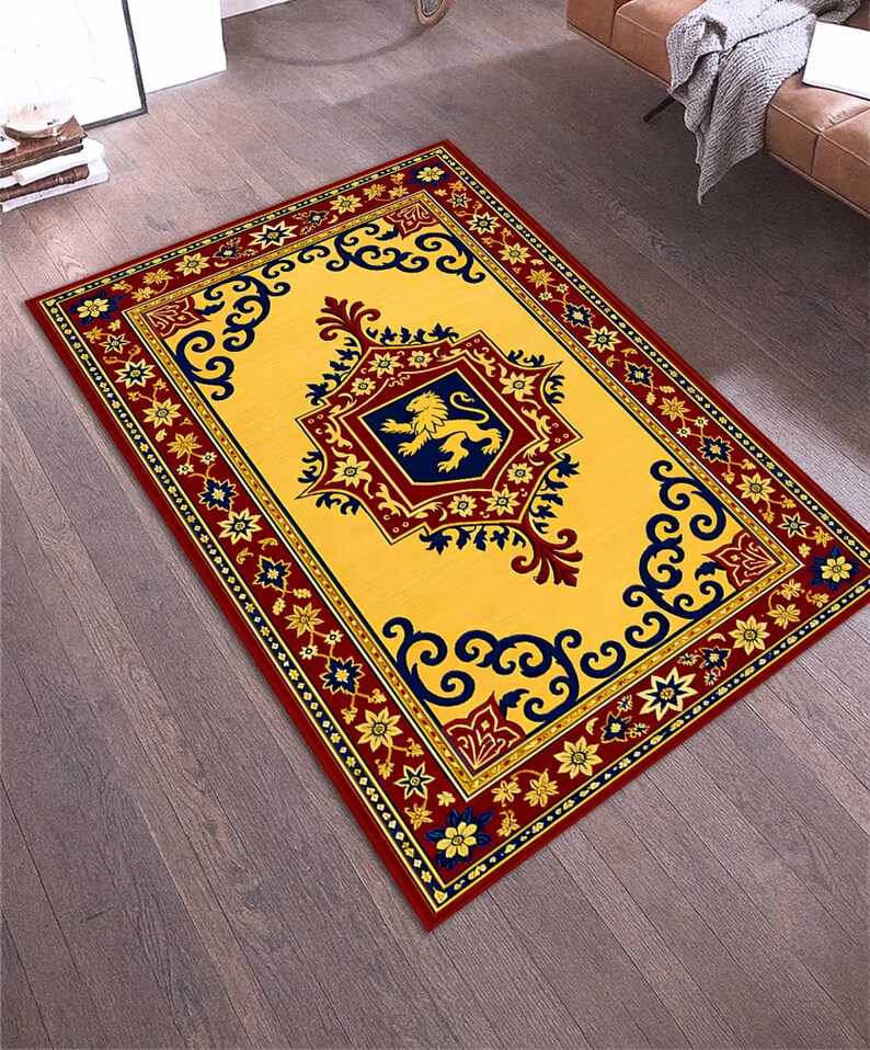 Rectangular Rug Emblem Baroque Lion Crest Rug – Red and Navy, Luxury Gold Accents Rug,living ...