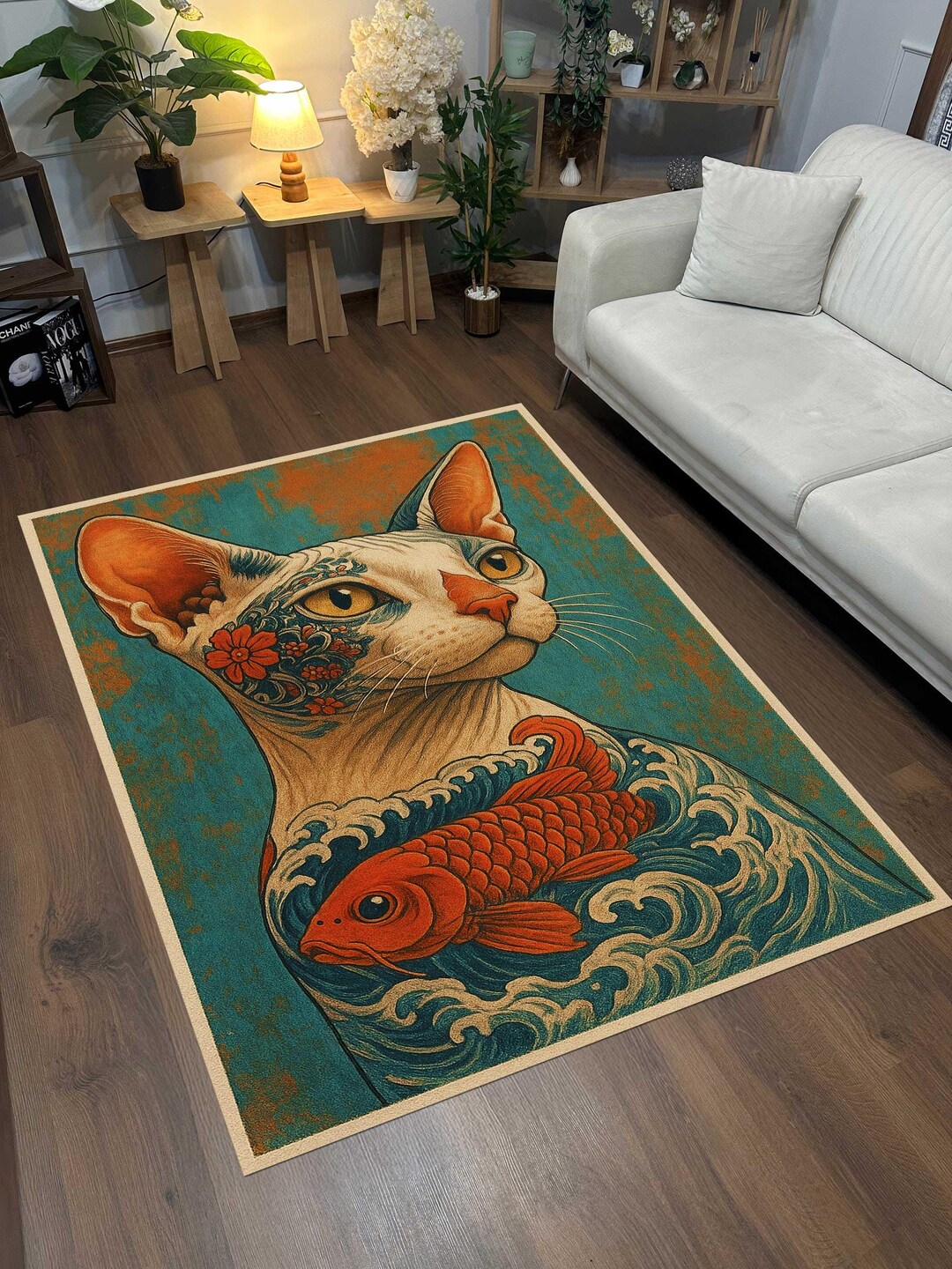 Catfish Rugs Tattooed Sphinx Cat Rug, Koi Fish, Japanese Art, Pet Lover Decor - Etsy