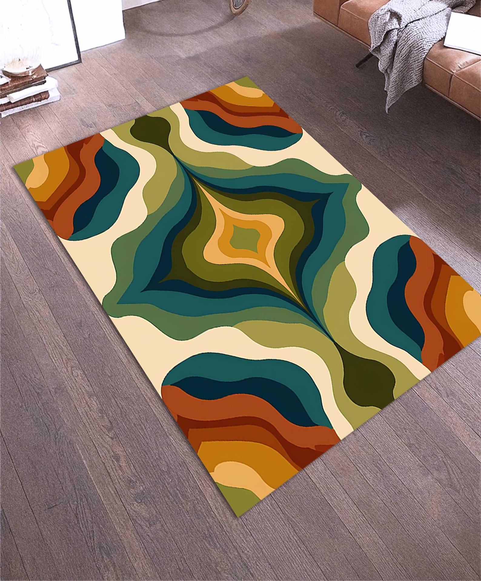 70s Rug Patterns Retro Wavy Area Rug, Mid Century Modern 70s Style, Boho Geometric ...