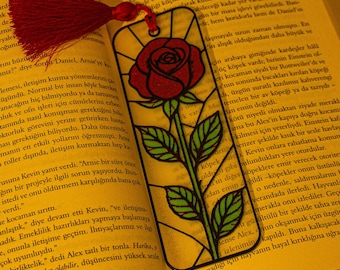 Marcapáginas de rosa estilo vidriera, marcapáginas Hueforge impreso en 3D, regalo romántico, marcapáginas floral para amantes de los libros.