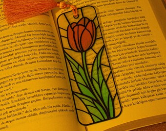 Marcapáginas de tulipán estilo vidriera, marcapáginas Hueforge impreso en 3D, regalo floral, marcapáginas estético para amantes de los libros.