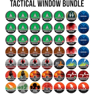 May include: A collection of circular game tokens with various icons and text, including "TACTICAL WINDOW BUNDLE." Tokens feature words like "Regular," "Prone," "Unconscious," and "Immobilized." Colors include green, brown, red, and blue. The text is in white.