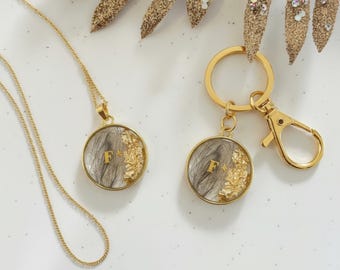 Dog hair souvenir pendant or keychain – personalized gold resin initial tag – pet memory jewelry
