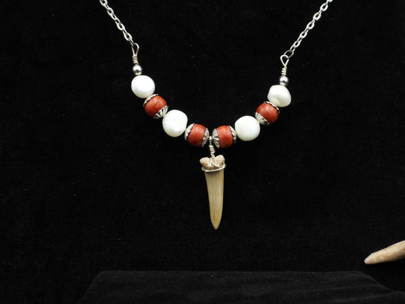 Genuine Authentic Fossilized Shark Tooth Necklace with Coral and Cultured Pearls
