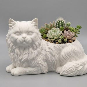 May include: A white ceramic cat-shaped planter filled with various succulents and a small cactus. The cat is lying down with its head and paws forward, and the planter is in the cat's back. The succulents are green, pink, and purple.