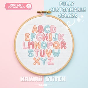 May include: A cross-stitch embroidery hoop featuring the alphabet in pastel shades. The text "INSTANT DOWNLOAD" and "FULLY CUSTOMIZABLE COLORS" are visible. The design is set against a pink and blue backdrop. The text "KAWAII STITCH CLUB" is at the bottom.