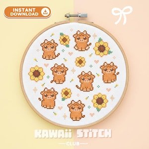 May include: A cross-stitch pattern featuring a repeating design of cartoon cows and sunflowers. The design is in a wooden embroidery hoop. The text "INSTANT DOWNLOAD" is in the upper left corner. The text "KAWAII STITCH CLUB" is at the bottom.
