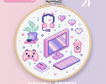 Kawaii Gaming Cross Stitch Pattern : Pastel Pixel Art Gamer Girl Collection (PDF)