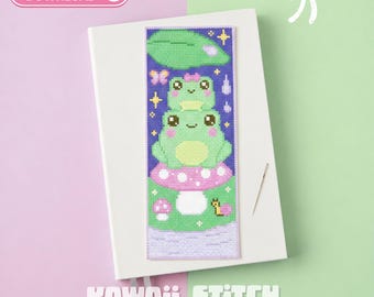 Kawaii Frog Sisters Cross Stitch Bookmark Pattern | Cozy Cottagecore Forest Mushroom (PDF)