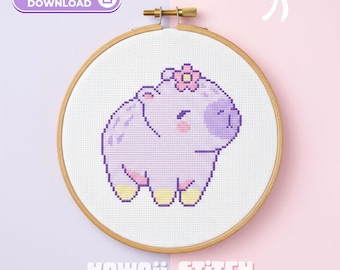 Pastel Capybara Cross Stitch Pattern : Kawaii Flower Capy Mini Animal for Beginner (PDF)