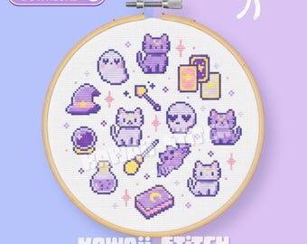 Magical Witchy Cats Cross Stitch Pattern : Kawaii Mini Cat & Tiny Spells Collection (PDF)