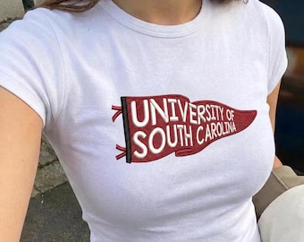 Embroidered Personalized College Pennant Baby Tee, School Banner School Spirit Shirt, University Graduation Y2K Tank Top