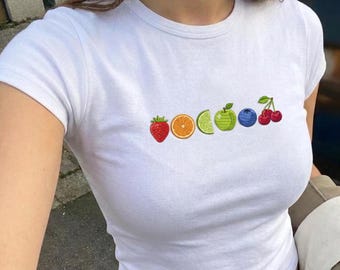 Embroidered Subtle Stay Fruity Pride Baby Tee, Bisexual Pride Tee, Lesbian Bi flag, Pride Clothes, Pride Shirt, Lesbian Gay Y2K Tank Top