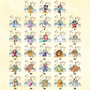 May include: A collection of 28 cartoon character designs, each set against a backdrop of a castle, fireworks, and balloons. Characters include Mickey Mouse, Donald Duck, and Winnie the Pooh. Each design is numbered.