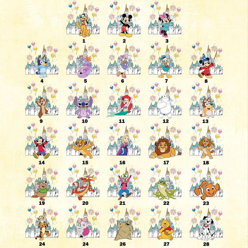 May include: A collection of 28 cartoon character designs, each set against a backdrop of a castle, fireworks, and balloons. Characters include Mickey Mouse, Donald Duck, and Winnie the Pooh. Each design is numbered.