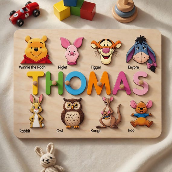 A wooden name puzzle using Winnie the Pooh characters as the letters — Montessori learning toy meets beloved IP in a genuinely charming, custom keepsake.