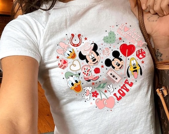 Coquette bow Disney Valentine Baby tee, Disney couple WDW Disneyland Valentine Shirt, Mickey Minnie Couple Fan Gift