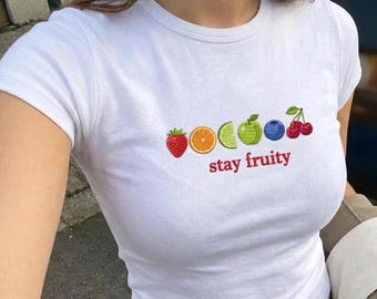 Embroidered Subtle Stay Fruity Pride Baby Tee, Bisexual Pride Tee, Bi flag, Pride Clothes, Cute Pride Shirt, Lesbian Gay Y2K Tank Top