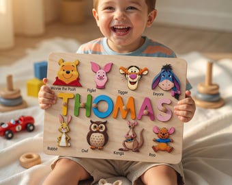 Personalized Disney Winnie The Pooh Name Puzzle for Toddlers, Disney Montessori Wooden Toy Puzzle for Kids, First Birthday Gift