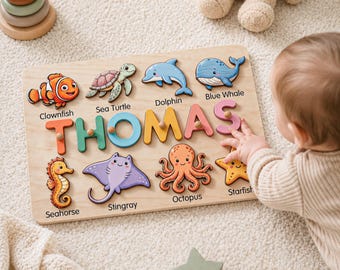 Personalized Wooden Name and Animals Puzzle Gift for Boys & Girls, Custom Baby Gifts Name Puzzle, Toddler Gift