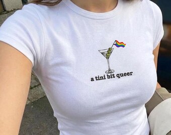 EmbroideredA Tini Bit Queer Baby Tee, Pride Month Baby Tee, Cute LGBT Pride Shirt, Funny Pride LGBTQ+ Y2K Tank Top, LGBTQ Gift