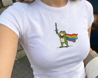 Embroidered We Ride At Dawn Frog Baby Tee, Pride Month Baby Tee, Cute LGBT Pride Frog Tee, Retro Rainbow Frog Y2K Tank Top, LGBTQ Gift