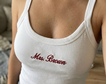 Embroidered Custom Name Crop Tank Top, Personalized Bride Shirt, Engagement Gift, Spaghetti Strap Baby Tee, Bridal Shower Gift